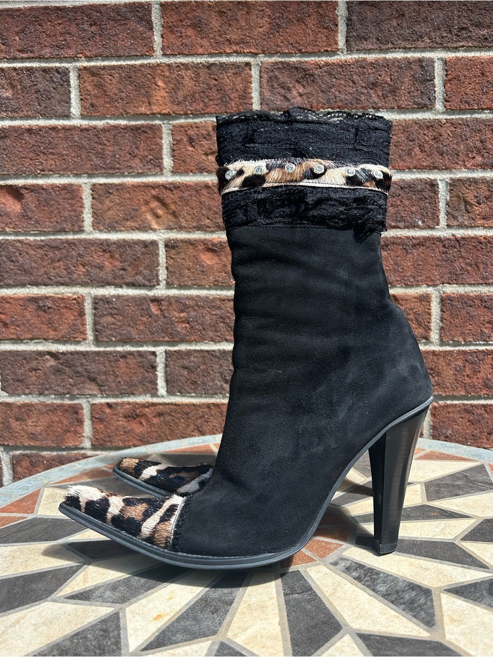 Suede leopard print fur heeled boots